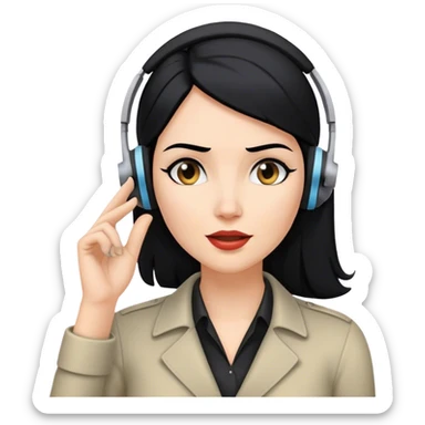 white Woman  with black hair with headset and her hand in her left ear like trying ti hear better like a spy enjoying the gossip sticker