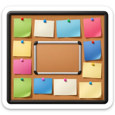 board with pinned photos and notes sticker