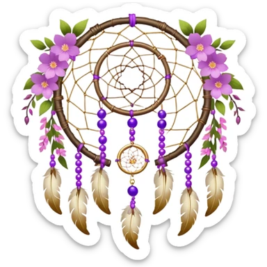 A white-birch-Dreamcatcher. with purple-round-orbs, gold-rings hanging down. purple flowers, pink sakura flowers, sticker