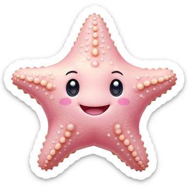 Cinematic cute round starfish, pastel pink, soft bumpy texture, tiny happy face, slightly tilted, glowing warmly, sparkling with gentle ocean magic. sticker