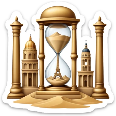 icon featuring ancient scrolls, quill pen with famous historical landmarks and monuments in the background. Large, antique sand clocks with sand pouring out represent the passage of time. Historical figures are depicted as statues. Transparent background. sticker