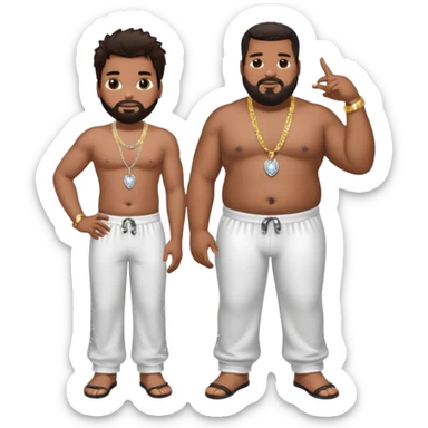 Fatman Scoop with dark brown hair, white sequin baggy pants, shirtless with necklace sticker