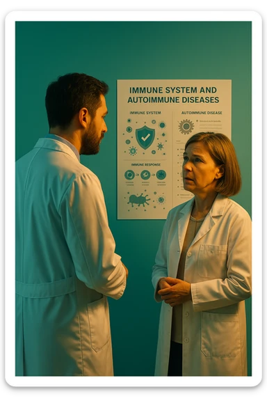 Realistic, detailed photo taken from behind of one doctor e un paziente —a bearded man and a middle-aged woman—standing and facing each other as they discuss an autoimmune disease diagnosis in front of a medical chart that displays information about the immune system and autoimmune conditions. The scene is illuminated by a yellowish, orange, warm light that softly envelops the doctors. The entire room is bathed in a single green-blue color, creating a cohesive and modern atmosphere. Both doctors wear white coats, and their body language suggests a serious, professional conversation about the complexities of autoimmune diseases. Shot with a Canon EOS R5, with high detail and natural depth of field. scritto in italiano sticker
