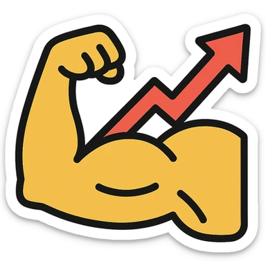 colored icon of a strong flexed arm with an upward and to the right graph arrow, symbolizing increasing strength sticker