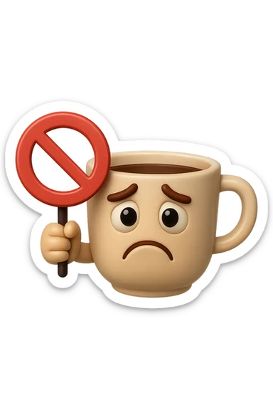emoji stile iphone di una tazzina di caffè con espressione triste in volto mentre tiene un divieto in mano, iperrealistico 4k sticker