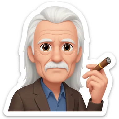 Old man with long white hair no facial hair and no hat holding a cigar sticker