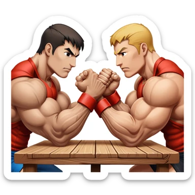 Two powerful arms locked in an intense arm wrestling competition. One arm is strong and steady, while the other strains to push back. The background shows a simple table with a focus on the clash of strength and determination. Transparent background. sticker