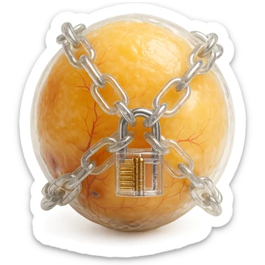 adipocyte with transparent chains and padlock, hyper realistic 4K, cellular details, surreal atmosphere, white background sticker