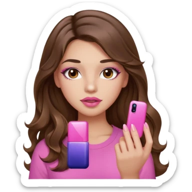 girl with long wavy brown hair, brown eyes, light to medium complexion, in a pink shirt, pink lips, long lashes, puckered lips, showing off a pink manicure sticker