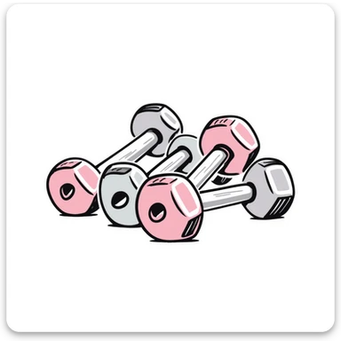 A set of fitness dumbbells with hexagonal ends in pastel colors (dd9fb0, ffc6d3, a3bfc9, c4bee2, f1b091), hand-drawn doodle style sticker
