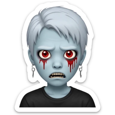 Create a 3D emoji-style avatar with very pale blue-grey zombie skin like the reference image, a young Asian face, and large eyes with blood tears. Give it white mullet hair style , silver hoop earrings, and a plain black T-shirt. The face expression should be slightly angry, with vampire fang  sticker
