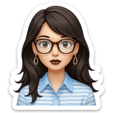 An emoji featuring a woman with very long wavy dark brown hair and a whispy straight bang, wearing thick tortoise square shaped glasses, drop earrings. She has long lashes, black eyeliner and a nude browny glossy lipstick. She's wearing an oversize light blue shirt with white vertical strips.  sticker