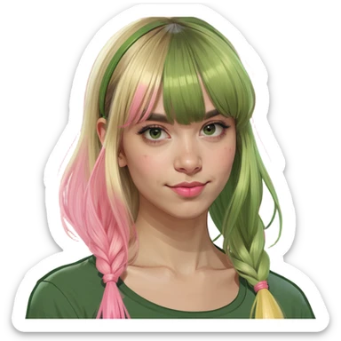 Zombiegreen girl with blonde hair, bangs, and a pink strand on the left side of the hair, which is also half of the bangs sticker