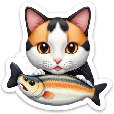 Has un gato negro y blanco hembra comiendo un pescado sticker