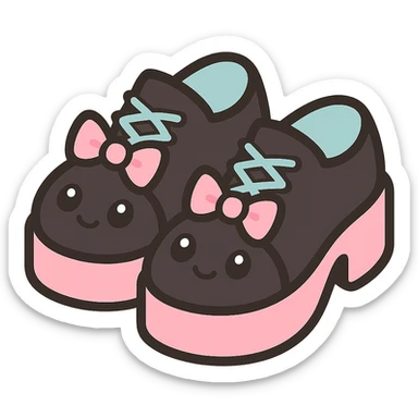 Make the shoes primarily black with pink and pastel accents, kawaii style, no socks, no hearts, transparent background sticker