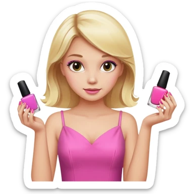 A blonde girl in pink holds nail polishes in her hand sticker