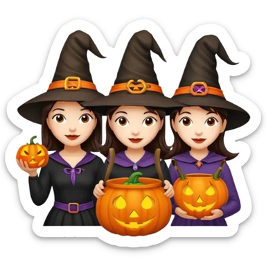 Three best girlfriends cute Halloween with dark brown hair. One African-American, one Asian, one Caucasian. sticker