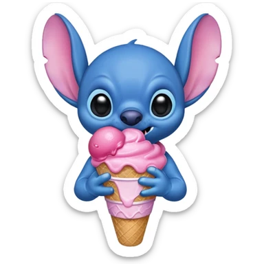 Stitch the blue alien from Lilo & Stitch eating a pink ice cream cone sticker
