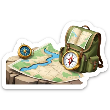 Icon for Expeditions: a compass, a map and a backpack with trekking gear, placed on a rugged mountain terrain with snow-capped peaks. The icon should evoke the spirit of adventure and discovery in remote, unexplored places. Transparent background. sticker