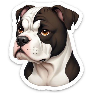 Cinematic Noble Black and White American Bulldog Portrait Emoji, Poised and regal, with a strong, muscular build and a striking black and white coat, deep-set soulful brown eyes, Simplified yet sharp and sophisticated features, highly detailed, glowing with a soft, dignified glow, high shine, intelligent and loyal, stylized with an air of strength, focused and attentive, soft glowing outline, capturing the essence of a watchful and confident guardian, so majestic it feels as though it could step out of the screen with effortless authority! sticker