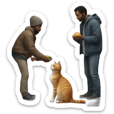 The cat asks a homeless black man for food sticker
