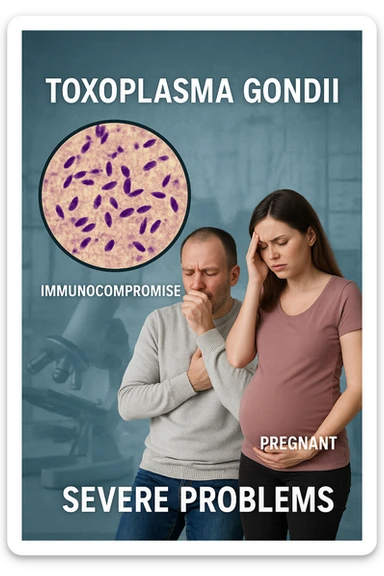 Toxoplasma gondii, infetta uomo immunodepresso e donne incinta. Causando gravi problemi tutto scritto in italiano immagine realistica sticker