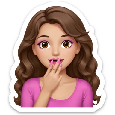 girl with long wavy brown hair, brown eyes, long lashes makeup, sexy pink lips, light to medium complexion, wearing a pink sexy top, sexy, giggling hand covering mouth sticker