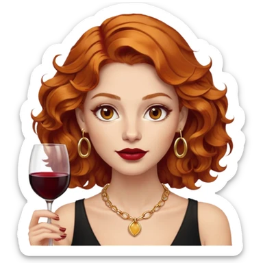 Woman, wavy ginger hair, light brown eyes, hoop gold earings, gold necklace and wine read lip sticker