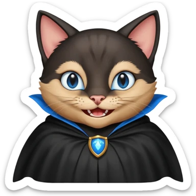 an all black anthropomorphic cat with blue eyes wears an all black cape and is smiling a mischievous sharp tooth grin sticker