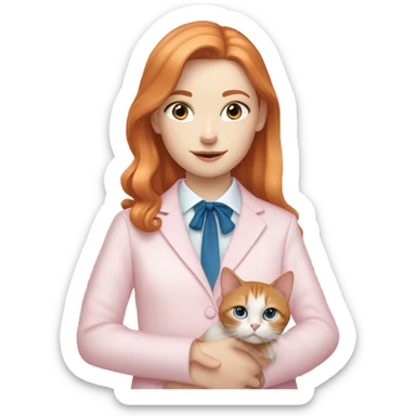 A ginger pale girl with blue eyes wearing a light pink long sleeve shirt holding a tuxedo cat with a pink nose sticker