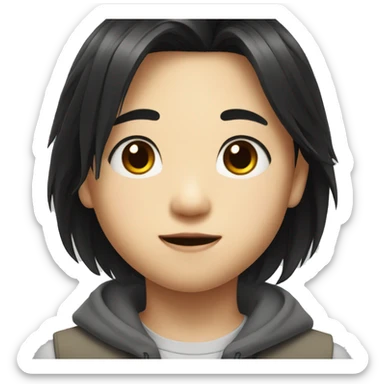 Asian kid with black hair, looks smart with his eyes sticker