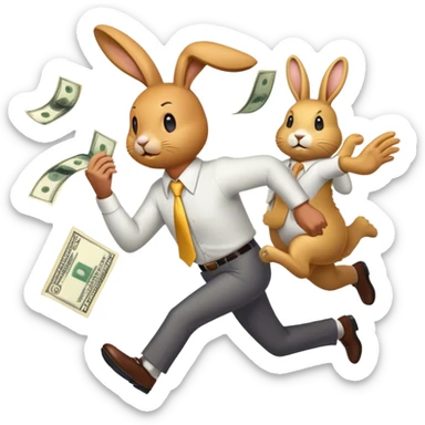 Design an emoji of a stressed-out business owner chasing a golden rabbit holding a dollar bill. The entrepreneur looks exhausted, sweating, and running endlessly, as if stuck in an infinite loop sticker