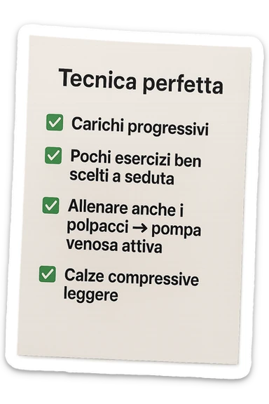 FOGLIO DI CARTA PER L'ALLENAMENTO IN PALESTRA CON LA SCRITTA "Tecnica perfetta
 ✅ Carichi progressivi
 ✅ Pochi esercizi ben scelti a seduta
 ✅ Allenare anche i polpacci → pompa venosa attiva
 ✅ Calze compressive leggere" , IPERREALISTICA 4K sticker