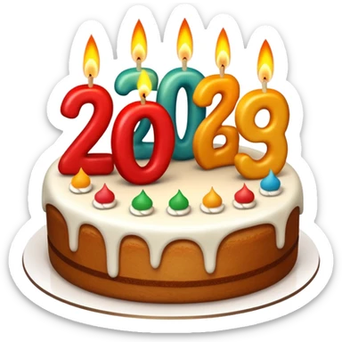 A festive New Year cake with lit candles shaped as the number 2026,
warm lighting, celebratory atmosphere,
soft background, high quality, clean composition sticker