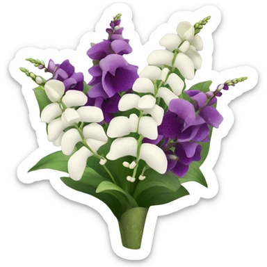Bouquet of white foxglove, dark purple, cream and purple speckled orchids, and tall greenery  sticker