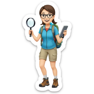 Extremely happy joyful woman in her late 30s with glasses wearing sporty outfit, hiking boots, and backpack, holding a magnifying glass with big smile sticker