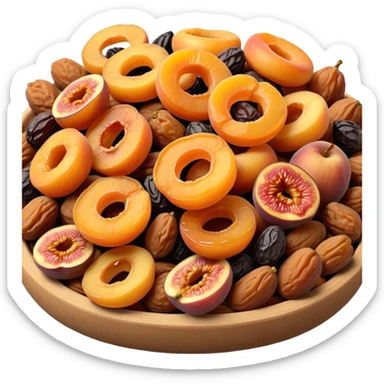 neat pile of dried fruits apricots figs dates raisins apple rings, realistic textures, warm colors, slight wrinkling, 3D-rendered, clean minimalist, soft shadows, gentle highlights, no anthropomorphic features, no bowl or tray, transparent background, emoji scale sticker