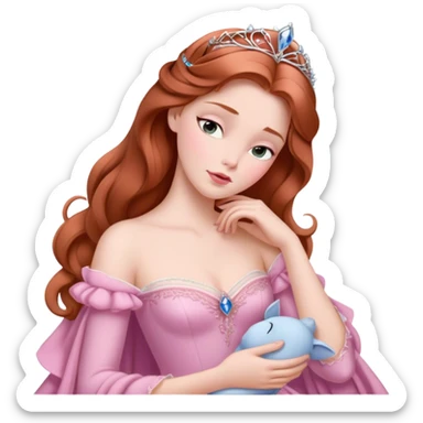 Cinematic Elegant Sleeping Beauty Portrait Emoji, rendered in a realistic, vector-style with minimal shading and bold, simplified shapes. Depict Aurora (Sleeping Beauty) (chest and above) with delicate porcelain skin, soft auburn hair styled gracefully, and gentle, dreamy eyes, dressed in her classic pink gown. The image glows with a soft, enchanting radiance and high shine, capturing timeless regal beauty. sticker