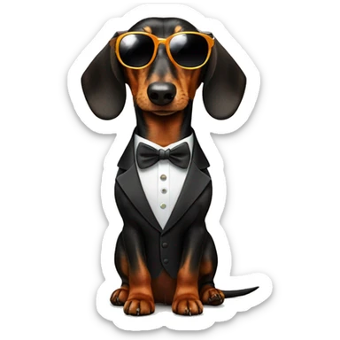 Daschund with sunglasses in a tuxedo with a martini sticker