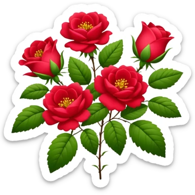 A lush green bush adorned with red wild roses, flourishing in the summer sticker