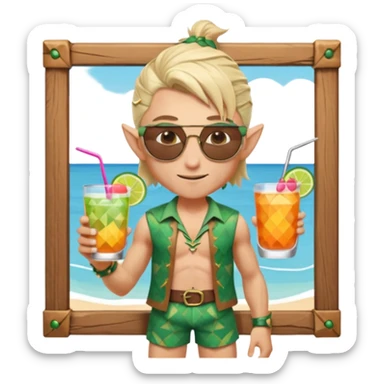elf male legolas portrait, patterned board shorts (geometric/abstract), unique wooden-framed sunglasses, undercut hairstyle, slight smirk, visible pointy ears, no background, centered emoji, hipster summer vibe coctails sticker