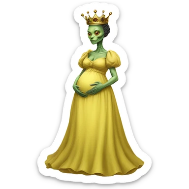 Pregnant reptilian alien woman, full body, in victorian jellow elegant dress, have a crown sticker