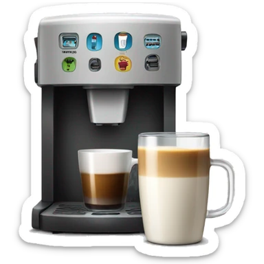Coffee machine with a mug of coffee and milk container sticker
