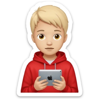 Teen gaming on tablet, red hoodie sticker