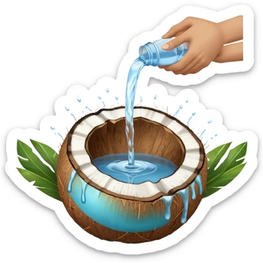 A whole coconut with water being poured over it with hands cupping water sticker