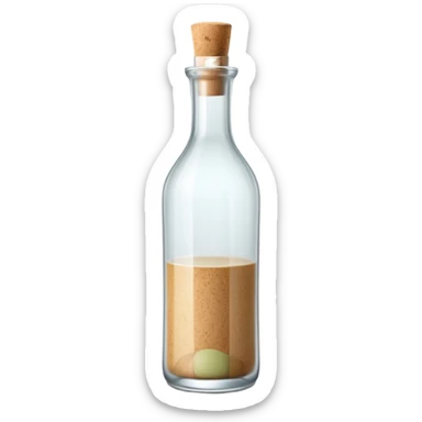 tall slender glass bottle with long neck and simple cork or screw cap, clear or frosted glass with transparent colorless liquid inside, elegant subtly curved silhouette, no label, no fruit, no extras, soft lighting, subtle shadows, emoji scale sticker