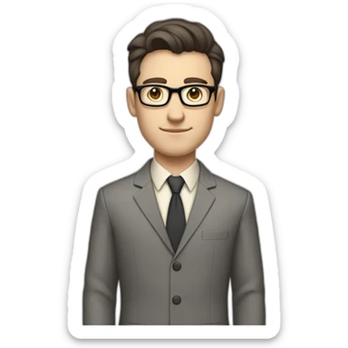 Full height Pale skinned Fit Man With dark brown hair in classic gray suit, beige office shirt, dark gray tie, and vintage glasses. His hands lock sticker