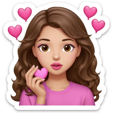 girl with long wavy brown hair, brown eyes, light to medium complexion, in a pink shirt, pink lips, long lashes, puckering up for a kiss, kiss lips and hearts in hand sticker