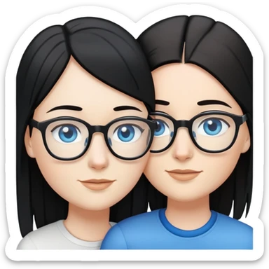 Lesbian couple in a loving embrace. One white with black straight hair and blue eyes. One white with brown straight hair and blue eyes with glasses.  sticker