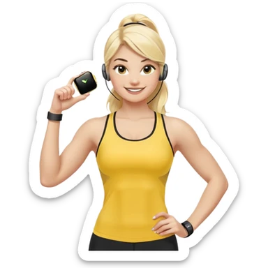 Sporty blonde woman in yellow top and black leggings, showing bicep, smiling, with wireless earbud and Apple Watch sticker
